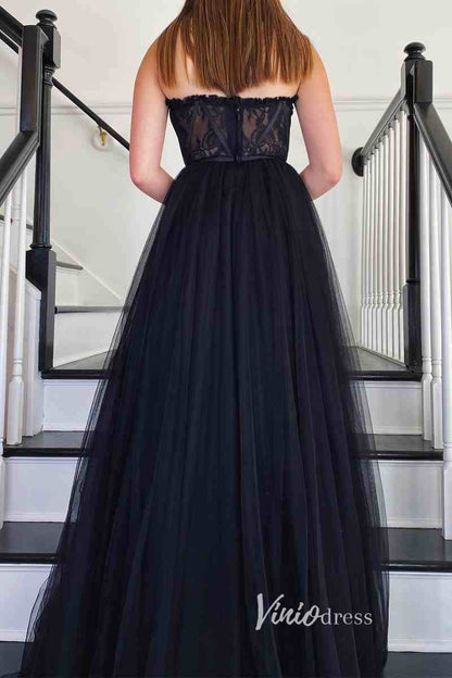 Black Strapless Prom Dress with Boned Lace Bodice & A-Line Tulle Skirt – High Slit Formal Dress FD3269-prom dresses 2025 -Viniodress-Black-Custom Size-