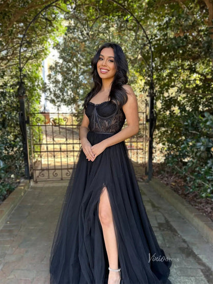 Black Strapless Prom Dress with Boned Lace Bodice & A-Line Tulle Skirt – High Slit Formal Dress FD3269-prom dresses 2025 -Viniodress-Black-Custom Size-