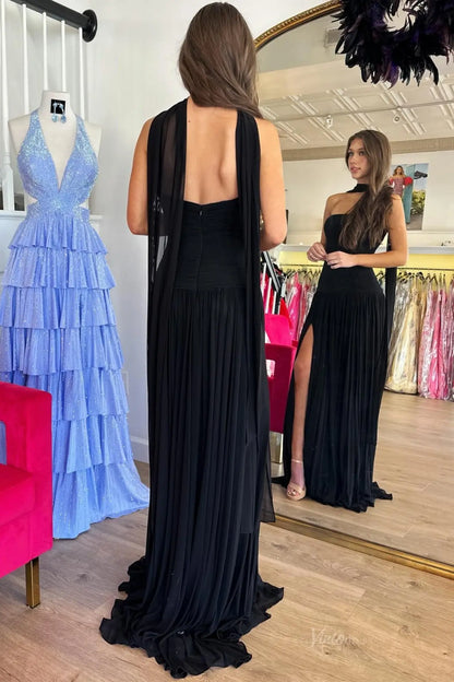 Black Strapless Prom Dress with Ruched Chiffon Bodice, Choker Neck & High Slit – SS378-Prom Dresses 2026-Viniodress-Black-Custom Size – Add Measurements in Cart-