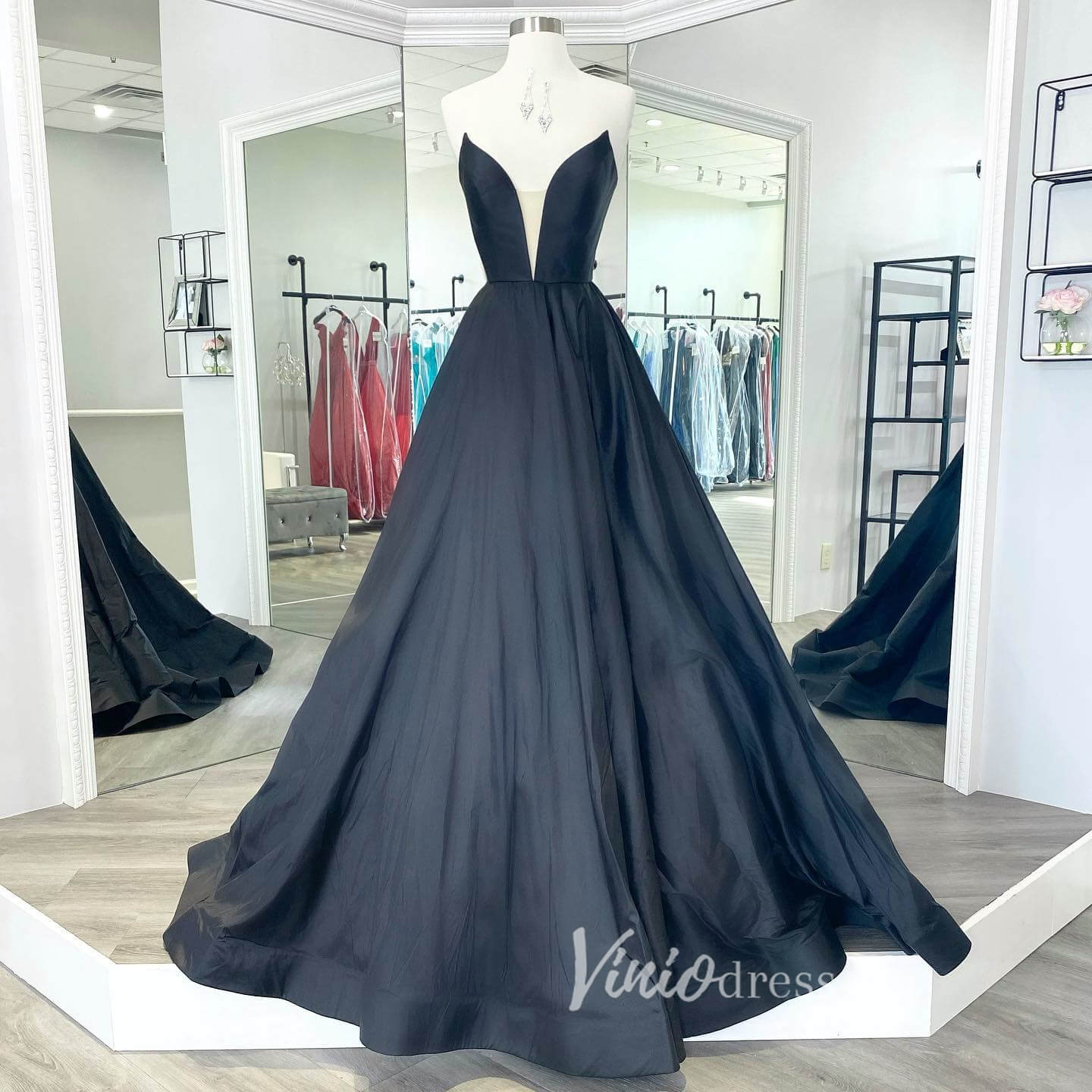 Black Strapless Prom Dresses Plunging V-Neck Evening Dress FD3039-prom dresses 2025 -Viniodress-Black-Custom Size-