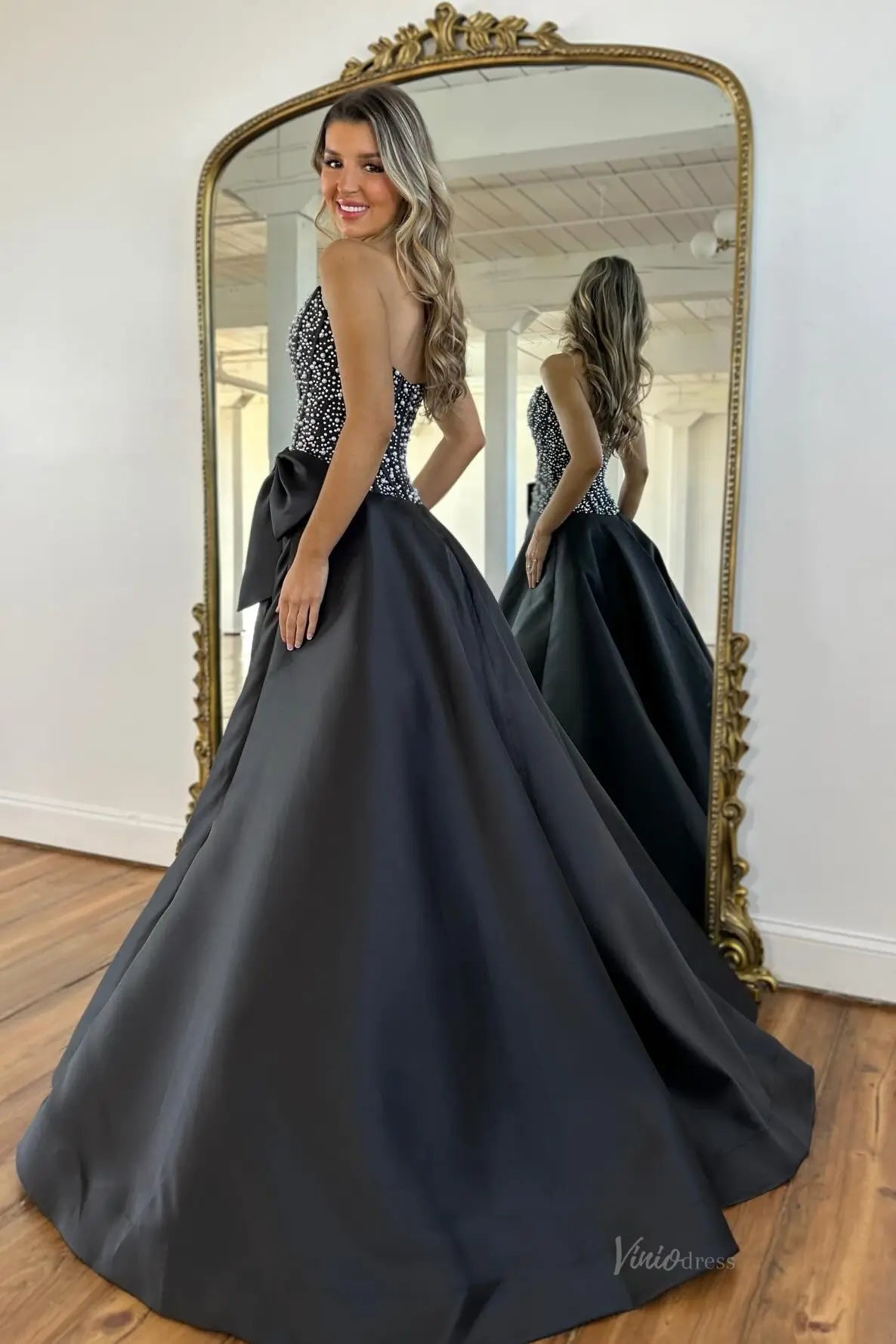 Black Rhinestone Strapless Prom Dress with Satin Bow & Slit AS091 Viniodress Black Rhinestone Strapless Prom Dress with Satin Bow & Slit AS091 Viniodress