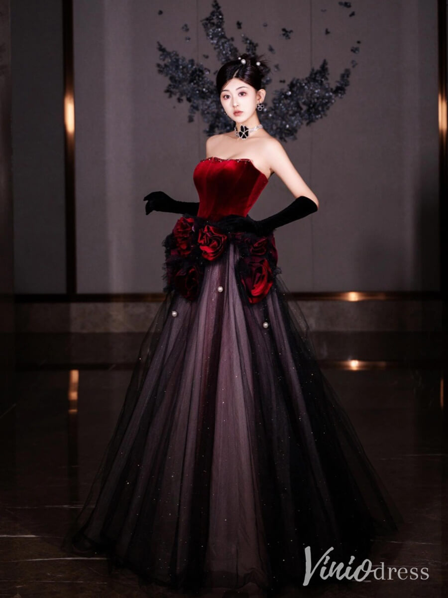 Black Strapless Rosette Prom Dresses Red Velvet Sparkly Ball Gown AD1323-prom dresses-Viniodress-Viniodress