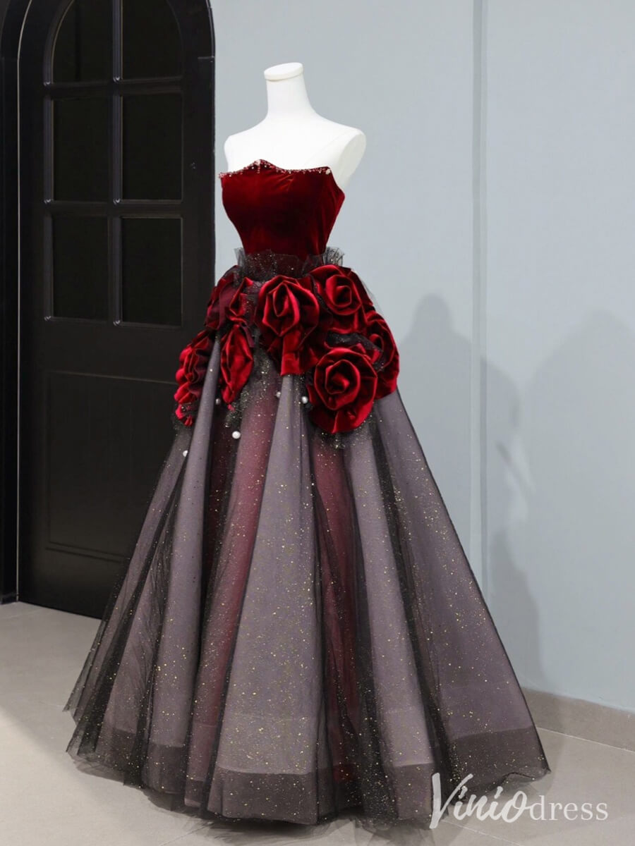 Black Strapless Rosette Prom Dresses Red Velvet Sparkly Ball Gown AD1323-prom dresses-Viniodress-Viniodress