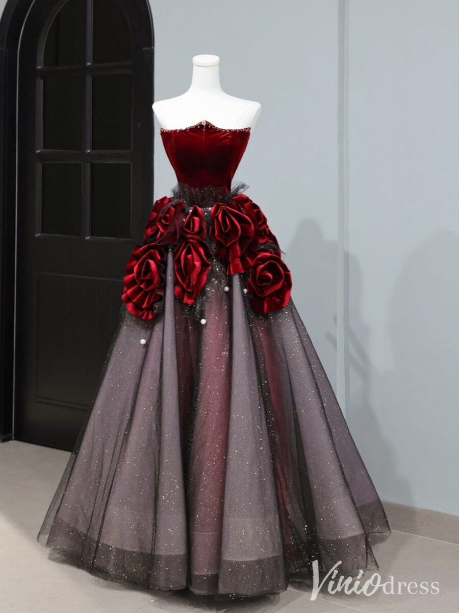 Black Strapless Rosette Prom Dresses Red Velvet Sparkly Ball Gown AD1323-prom dresses-Viniodress-Viniodress