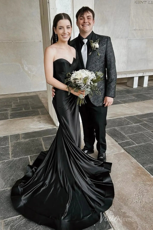 Black Strapless Satin Mermaid Dress with Corset Bodice, Ruched Hip, and Sweep Train – SS055-prom dresses 2025 -Viniodress-Black-Custom Size-