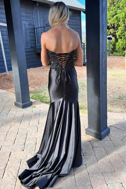 Black Strapless Satin Mermaid Prom Dresses 2025 with Slit, Sweetheart Neck & Lace Bodice – FD5062-prom dresses 2025 -Viniodress-Black-Custom Size-