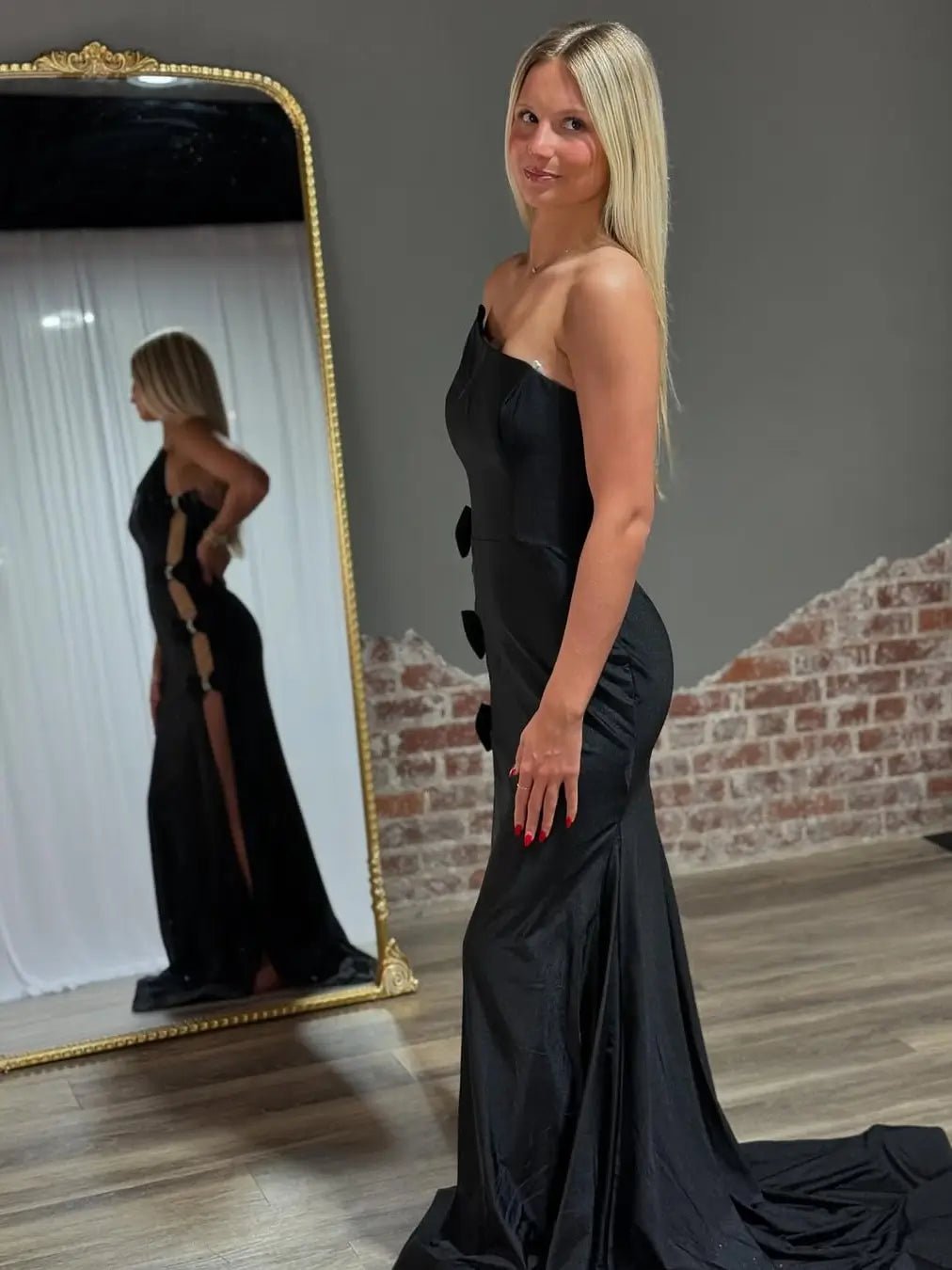 Black Strapless Satin Prom Dress with Bow-Tie High Slit – Style FD6069-prom dresses 2025 -Viniodress-Black-Custom Size-