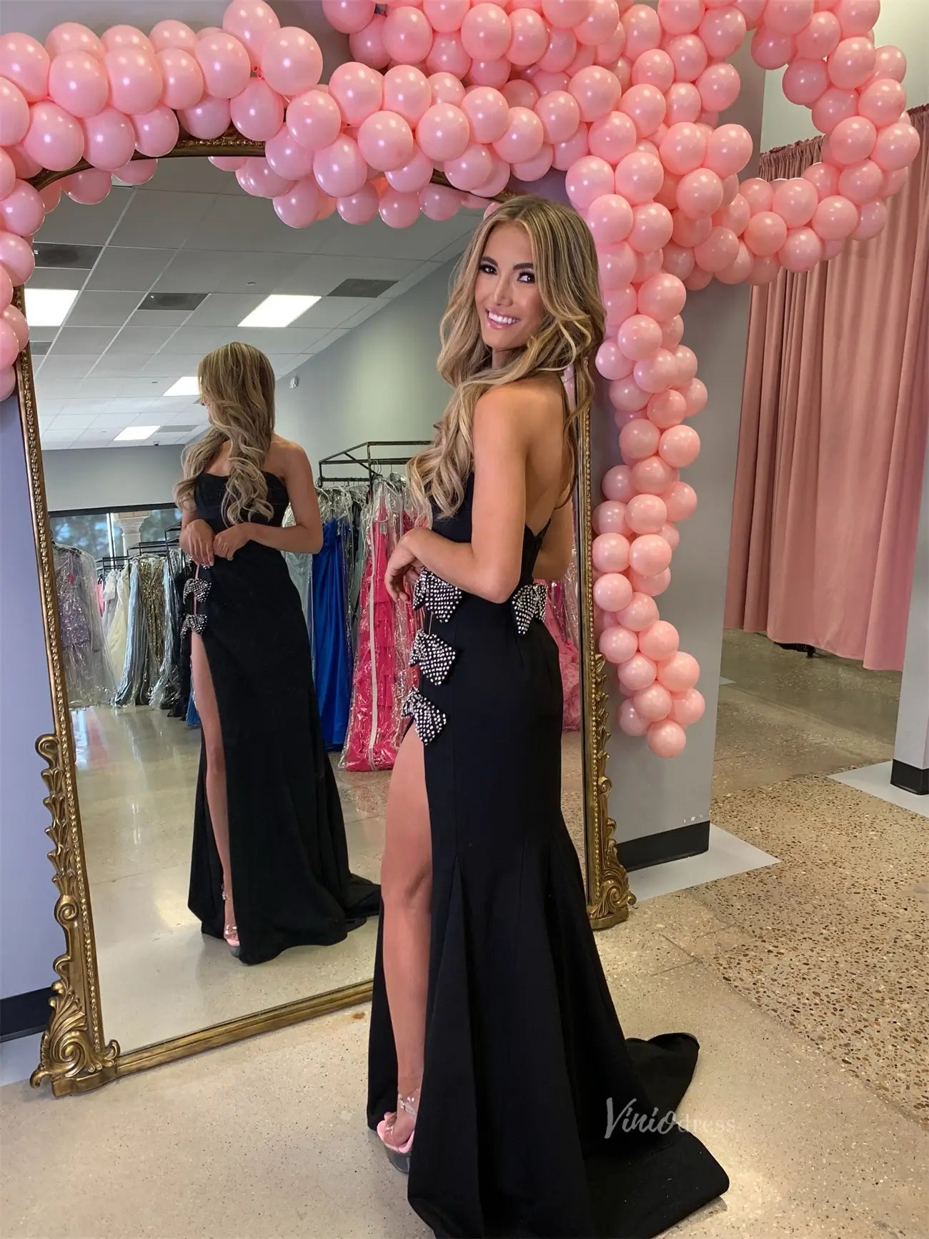 Black Strapless Satin Prom Dresses 2025 with Bow & Slit – FD5094-prom dresses 2025 -Viniodress-Black-Custom Size-
