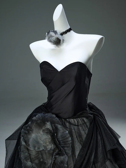 Black Strapless Tulle Formal Gown with 3D Flower & Sweetheart Neckline - CQ0112-Couture Gown 2025 -Viniodress-Black-Custom Size-