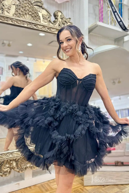 Black Strapless Tulle Mini Homecoming Dress with Sheer Corset Bodice and Ruffled Layered Skirt – H1129-Homecoming Dresses 2025 -Viniodress-Black-Custom Size-