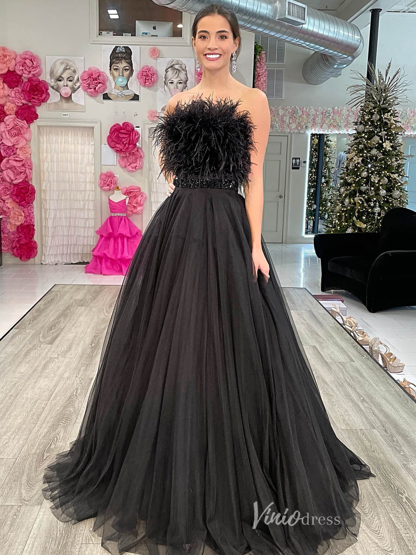 Black Strapless Tulle Prom Dresses Feather Bodice Beaded Waist FD3989 Viniodress Black Strapless Tulle Prom Dresses Feather Bodice Beaded Waist FD3989 Viniodress