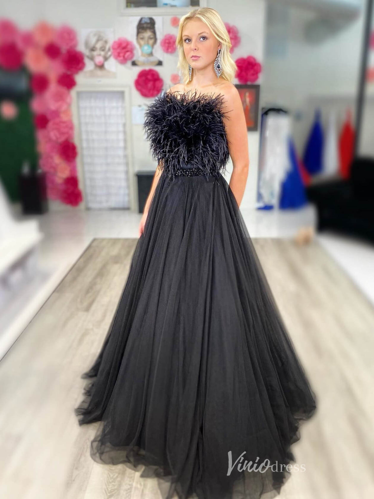 Black Strapless Tulle Prom Dresses Feather Bodice Beaded Waist FD3989-prom dresses-Viniodress-Black-Custom Size-Viniodress