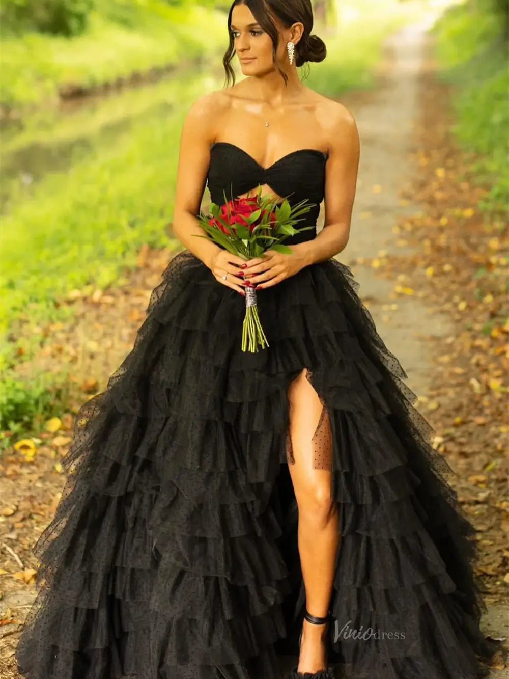 Black Strapless Tulle Prom Dresses with Slit Ruffled Sweetheart Neck Formal Dresses - FD3700-prom dresses 2025 -Viniodress-Black-Custom Size-