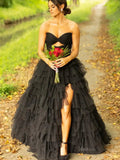 prom dresses 2025 Black Strapless Tulle Prom Dresses with Slit Ruffled Sweetheart Neck Formal Dresses - FD3700-plus size wedding dresses Viniodress-Black-Custom Size-