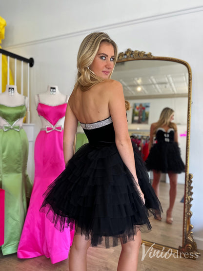 Black Strapless Velvet Homecoming Dress with Rhinestone Bodice and Tulle Skirt – SD1701-prom dresses 2025 -Viniodress-Black-Custom Size-