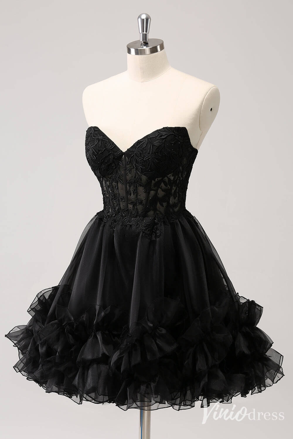 Black Sweetheart Strapless Homecoming Dresses Ruffled Lace Back to School Dress S24042-prom dresses-Viniodress-Viniodress