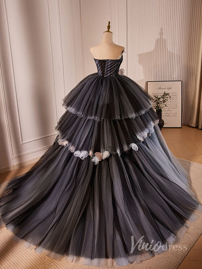 Black Tiered Pleated 3D Flower Prom Dresses Strapless Ombre Quinceanera Dress 90026-prom dresses 2025 -Viniodress-Black-Custom Size-