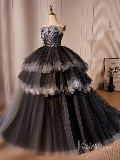 Black Tiered Pleated 3D Flower Prom Dresses Strapless Ombre Quinceanera Dress 90026-prom dresses 2025 -Viniodress-Black-Custom Size-