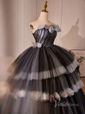 Black Tiered Pleated 3D Flower Prom Dresses Strapless Ombre Quinceanera Dress 90026-prom dresses-Viniodress-Viniodress