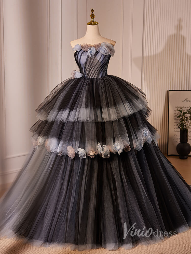 Black Tiered Pleated 3D Flower Prom Dresses Strapless Ombre Quinceanera Dress 90026-prom dresses-Viniodress-Black-Custom Size-Viniodress