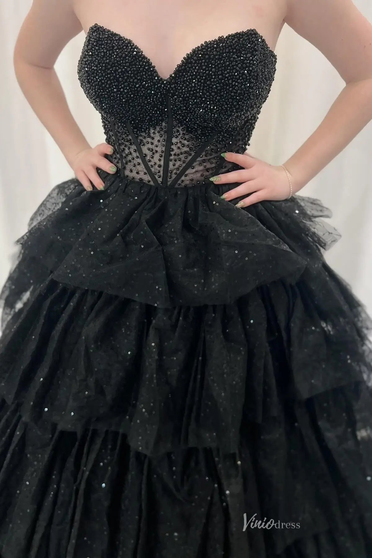 Black Tiered Ruffle Ball Gown Prom Dress with Sheer Beaded Sweetheart Bodice – RF151-prom dresses 2026-Viniodress-Black-Custom Size-