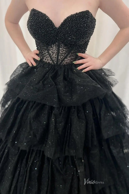 Black Tiered Ruffle Ball Gown Prom Dress with Sheer Beaded Sweetheart Bodice – RF151-prom dresses 2026-Viniodress-Black-Custom Size-