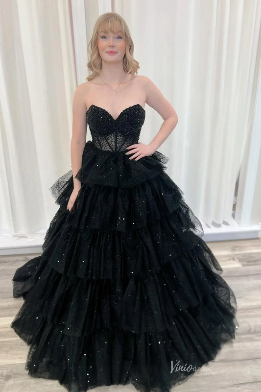 Black Tiered Ruffle Ball Gown Prom Dress with Sheer Beaded Sweetheart Bodice – RF151-prom dresses 2026-Viniodress-Black-Custom Size-