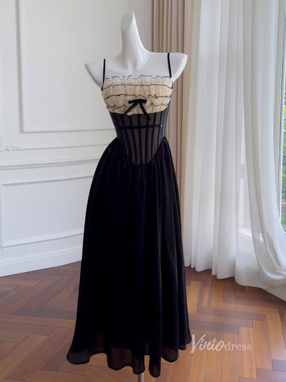 Black Tiered Spaghetti Strap Prom Dresses Boned Bodice Maxi Dress FD4027-prom dresses 2025 -Viniodress-Black-Custom Size-