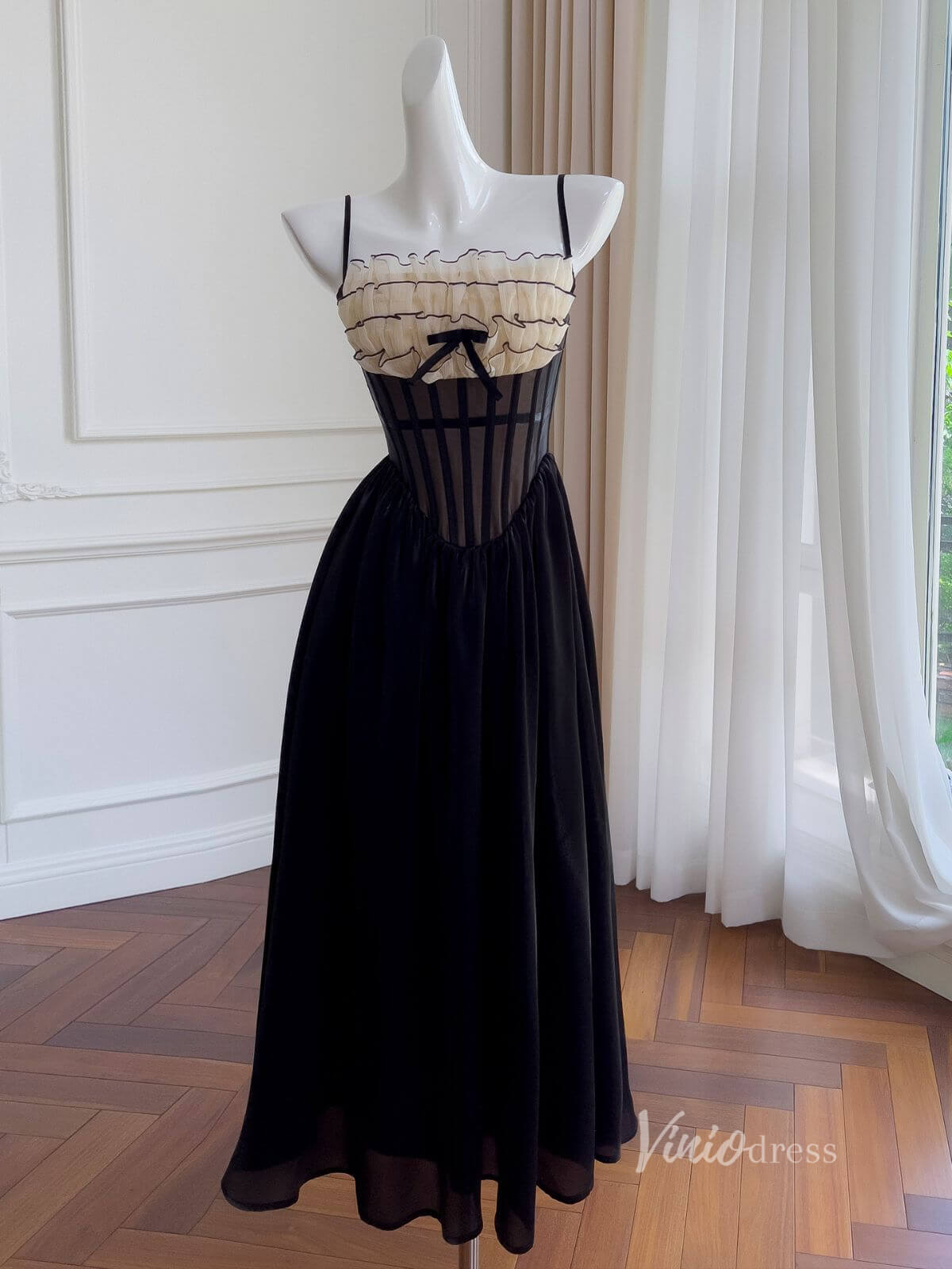 Black Tiered Spaghetti Strap Prom Dresses Boned Bodice Maxi Dress FD4027-prom dresses-Viniodress-Black-Custom Size-Viniodress