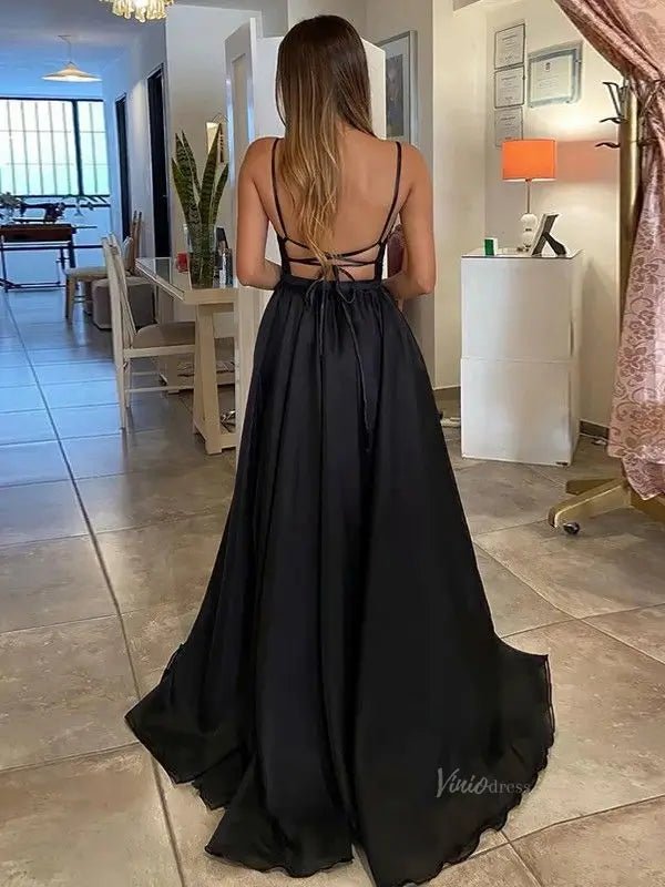 Black Tulle Prom Dresses 2025 Spaghetti Strap Plunging V - Neck Formal Gown with Slit FD5109 - Viniodressprom dressesBlackCustom Size - Formal Dresses - Ball Gowns