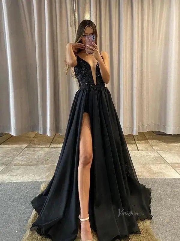 Black Tulle Prom Dresses 2025 Spaghetti Strap Plunging V - Neck Formal Gown with Slit FD5109 - Viniodressprom dressesBlackCustom Size - Formal Dresses - Ball Gowns