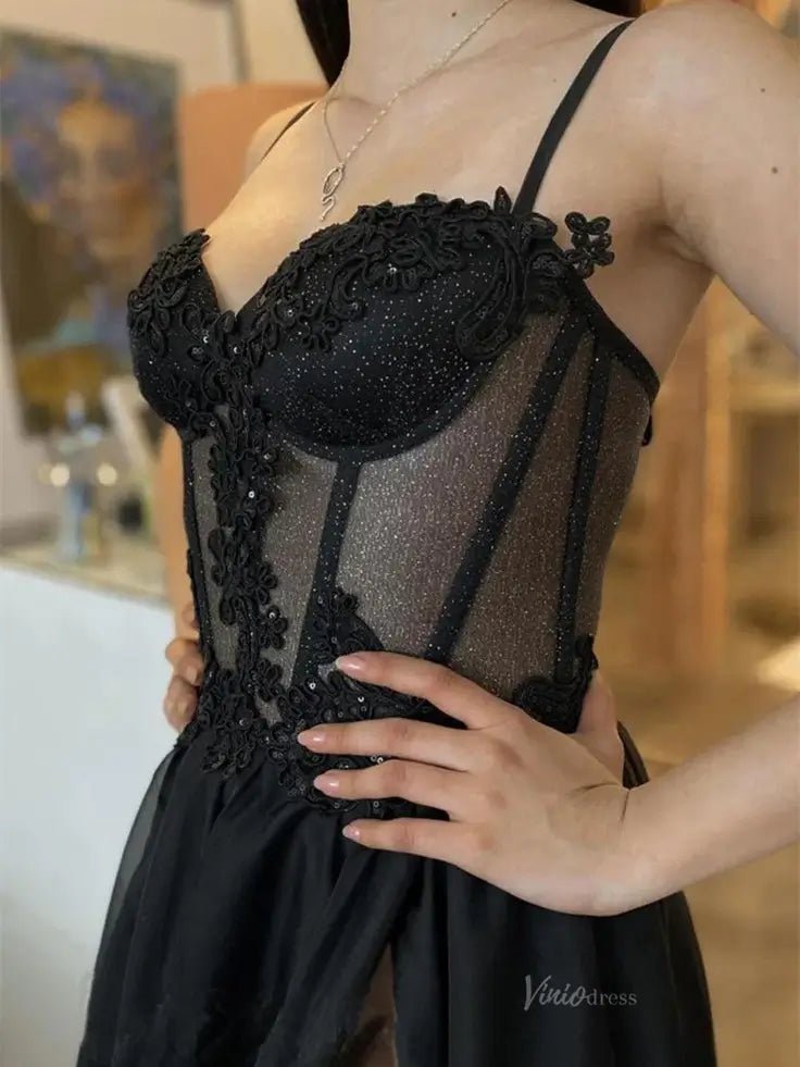 Black Tulle Prom Dresses 2025 Spaghetti Strap Sparkly Sheer Bodice Formal Gown with Slit FD5108-prom dresses 2025 -Viniodress-Black-Custom Size-
