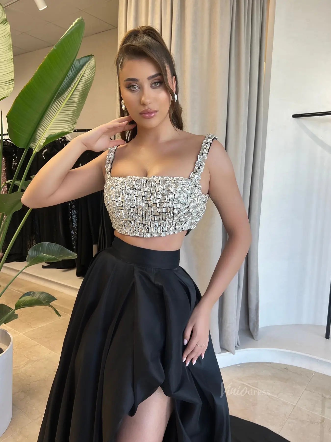 Black Two-Piece Satin Prom Dresses with Slit & Rhinestones Bodice - FD Viniodress Black Two-Piece Satin Prom Dresses with Slit & Rhinestones Bodice - FD Viniodress