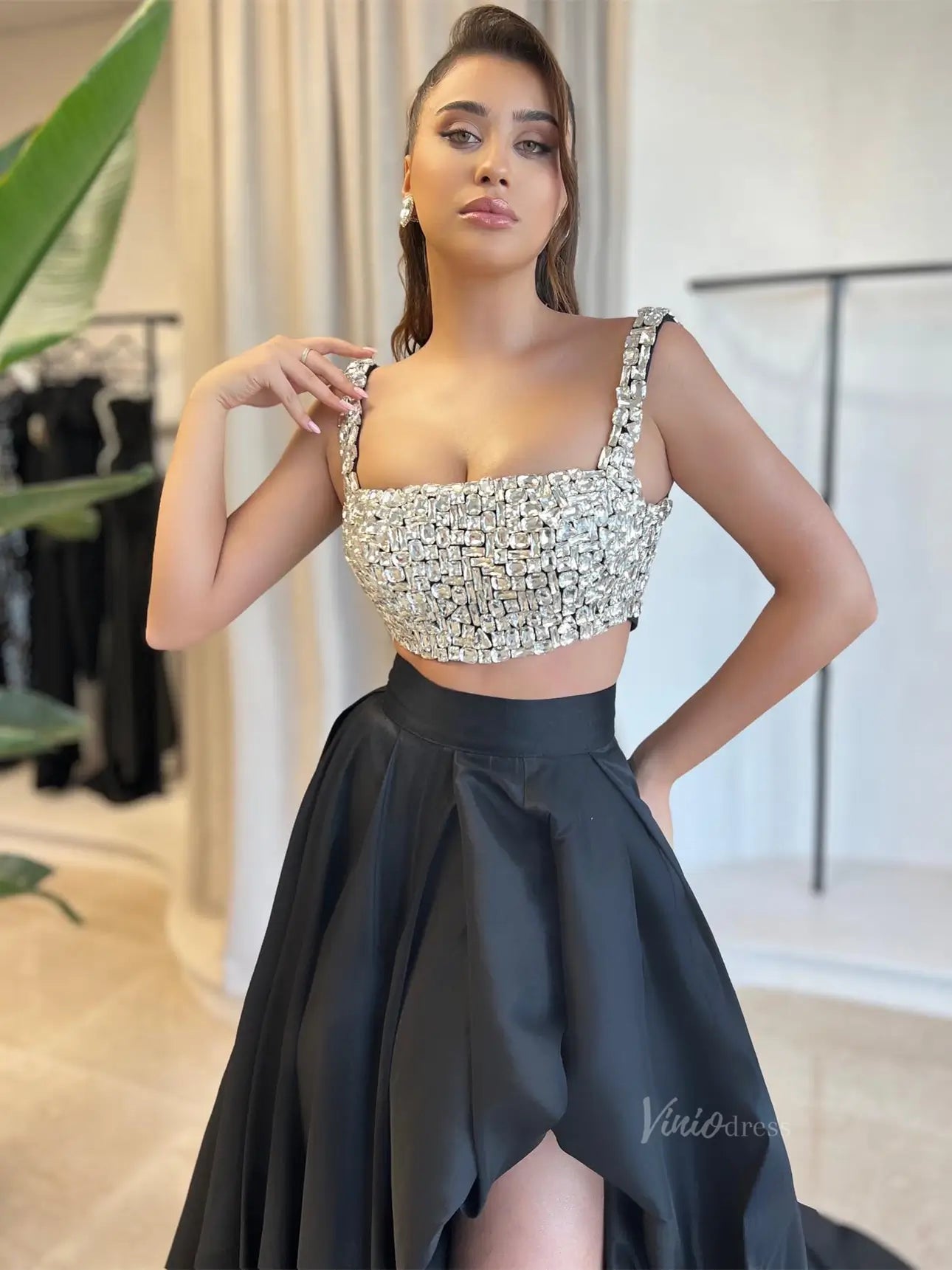 Black Two-Piece Satin Prom Dresses with Slit & Rhinestones Bodice - FD Viniodress Black Two-Piece Satin Prom Dresses with Slit & Rhinestones Bodice - FD Viniodress