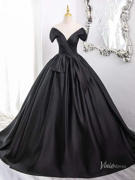 Black V-Neck Satin Minimalist Prom Ball Gown Off the Shoulder Crossed Quinceanera Dresses BG008-prom dresses 2025 -Viniodress-Black-Custom Size-