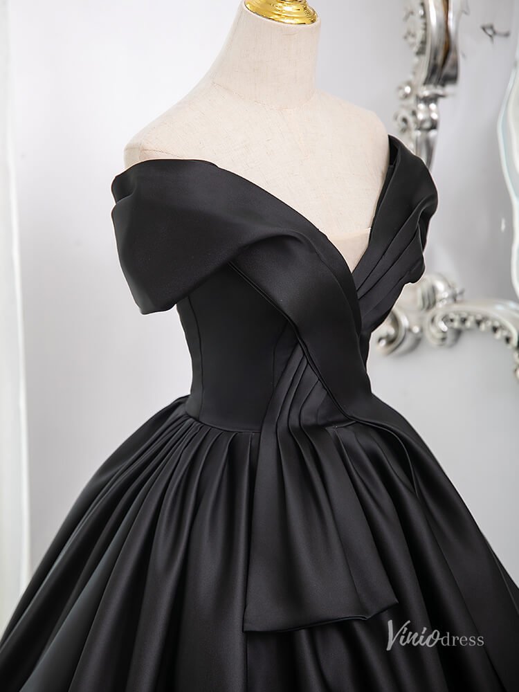 Black V-Neck Satin Minimalist Prom Ball Gown Off the Shoulder Crossed Quinceanera Dresses BG008-prom dresses 2025 -Viniodress-Black-Custom Size-