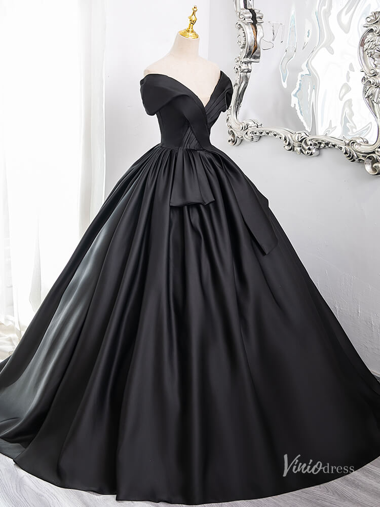 Black V-Neck Satin Minimalist Prom Ball Gown Off the Shoulder Crossed Quinceanera Dresses BG008-prom dresses 2025 -Viniodress-Black-Custom Size-