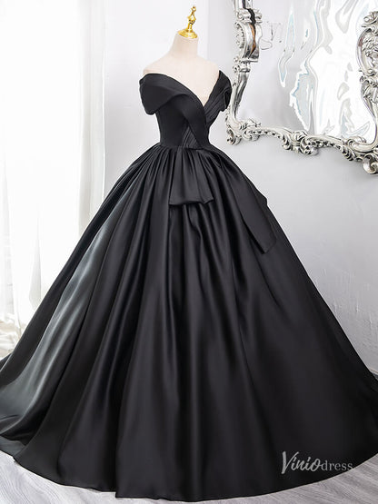 Black V-Neck Satin Minimalist Prom Ball Gown Off the Shoulder Crossed Quinceanera Dresses BG008-prom dresses 2025 -Viniodress-Black-Custom Size-