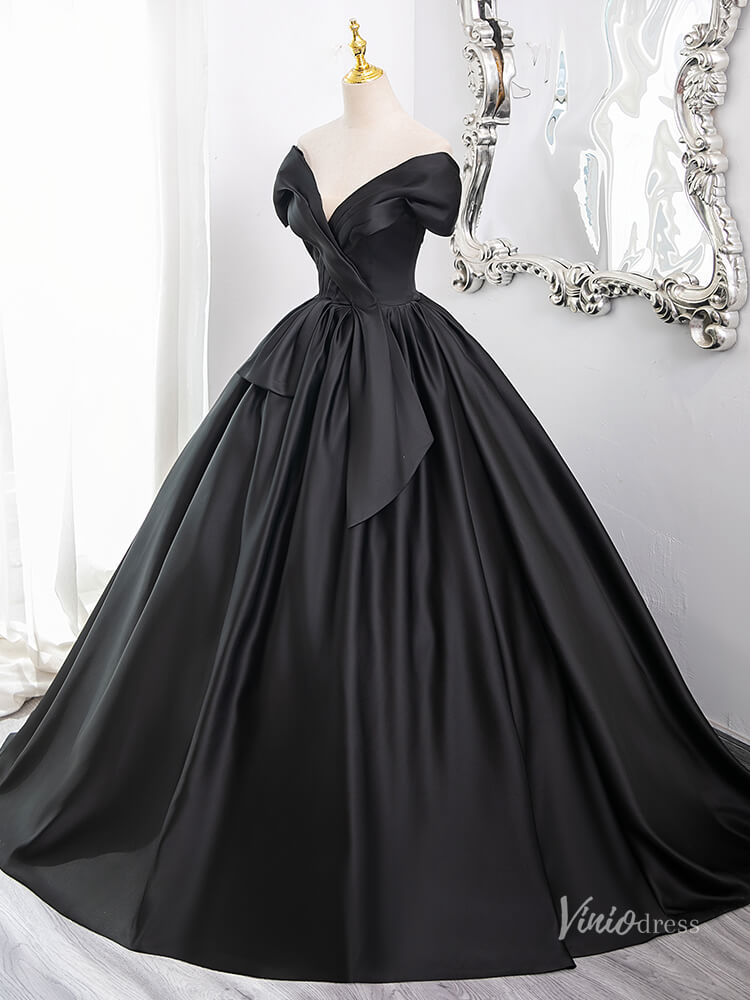 Black V-Neck Satin Minimalist Prom Ball Gown Off the Shoulder Crossed Quinceanera Dresses BG008-prom dresses 2025 -Viniodress-Black-Custom Size-