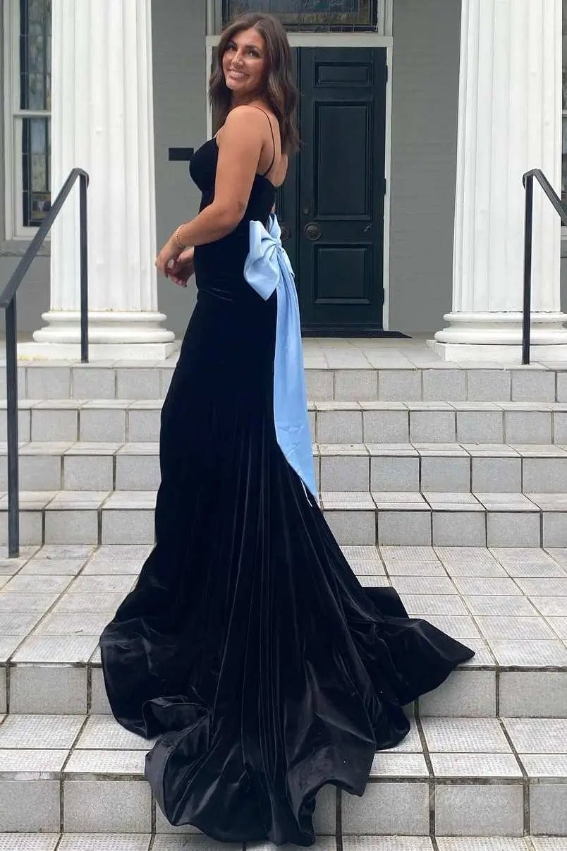 Black Velvet Mermaid Prom Dresses 2025 with Bow & Spaghetti Strap FD Viniodress Black Velvet Mermaid Prom Dresses 2025 with Bow & Spaghetti Strap FD Viniodress