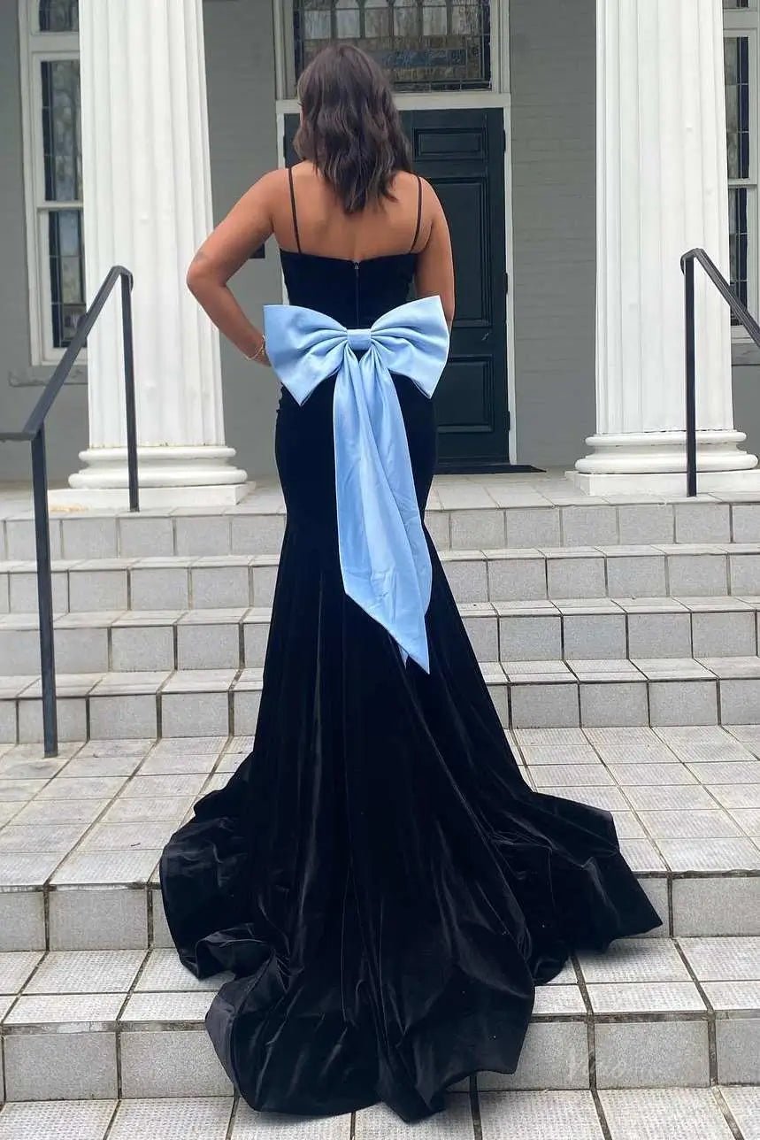 Black Velvet Mermaid Prom Dresses 2025 with Bow & Spaghetti Strap – FD5087-prom dresses 2025 -Viniodress-Black-Custom Size-