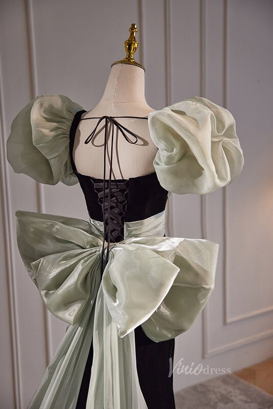 Black Velvet Mermaid Prom Dresses Organza Bow Tie Puffed Sleeve 90057-prom dresses 2025 -Viniodress-Black-Custom Size-