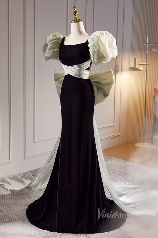 Black Velvet Mermaid Prom Dresses Organza Bow Tie Puffed Sleeve 90057-prom dresses 2025 -Viniodress-Black-Custom Size-