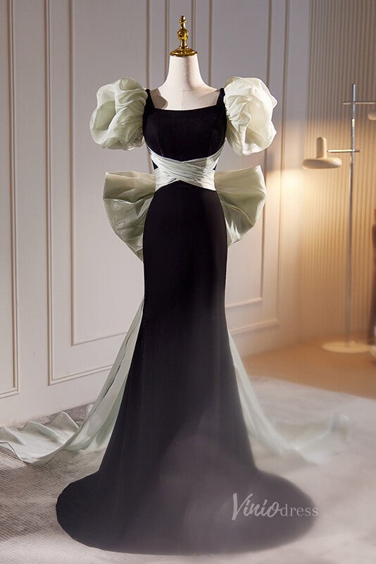 Black Velvet Mermaid Prom Dresses Organza Bow Tie Puffed Sleeve 90057-prom dresses 2025 -Viniodress-Black-Custom Size-