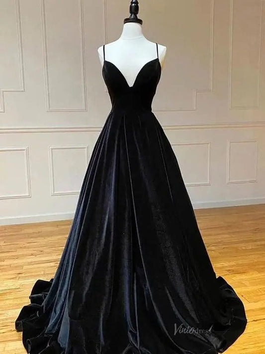 Black Velvet Prom Dresses Lace-up Back Spaghetti Strap V-neck Eevning Gown FD5283-prom dresses 2025 -Viniodress-Black-Custom Size-