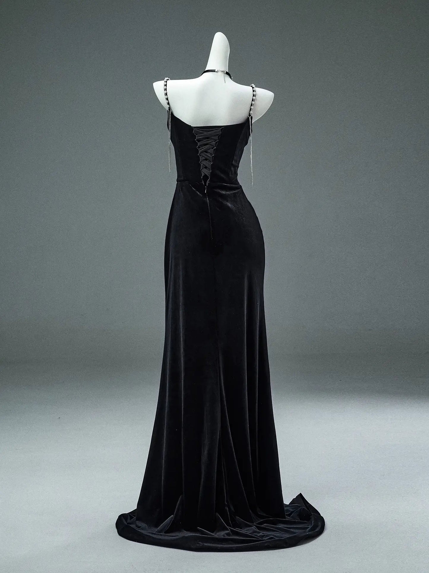 Black Velvet Sheath Evening Gown with Rhinestone String & Spaghetti Strap - CQ0108-Couture Gown 2025 -Viniodress-Black-Custom Size-