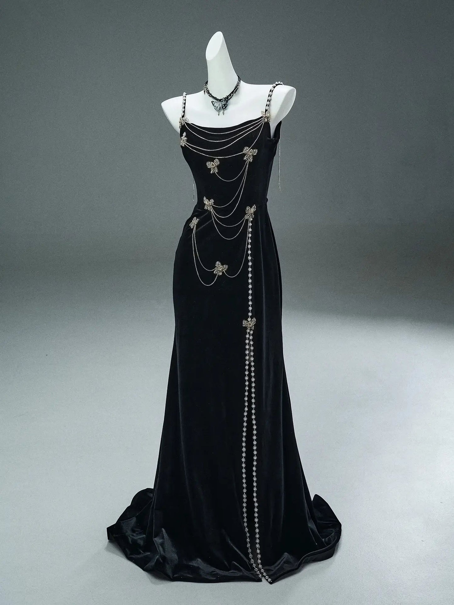 Black Velvet Sheath Evening Gown with Rhinestone String & Spaghetti Strap - CQ0108-Couture Gown 2025 -Viniodress-Black-Custom Size-