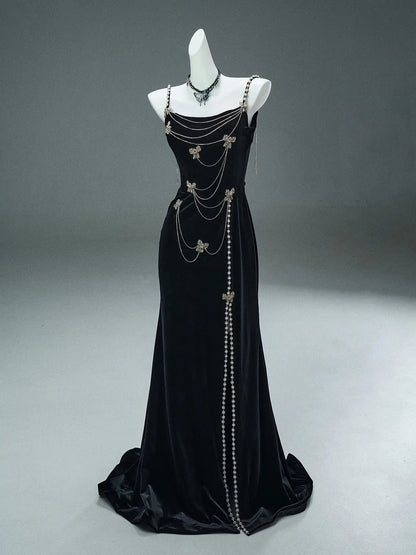 Black Velvet Sheath Evening Gown with Rhinestone String & Spaghetti Strap - CQ0108-Couture Gown 2025 -Viniodress-Black-Custom Size-