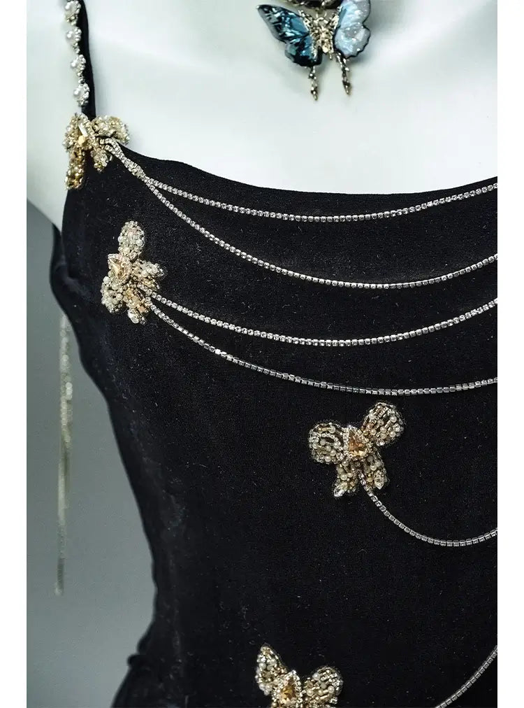 Black Velvet Sheath Evening Gown with Rhinestone String & Spaghetti Strap - CQ0108-Couture Gown 2025 -Viniodress-Black-Custom Size-