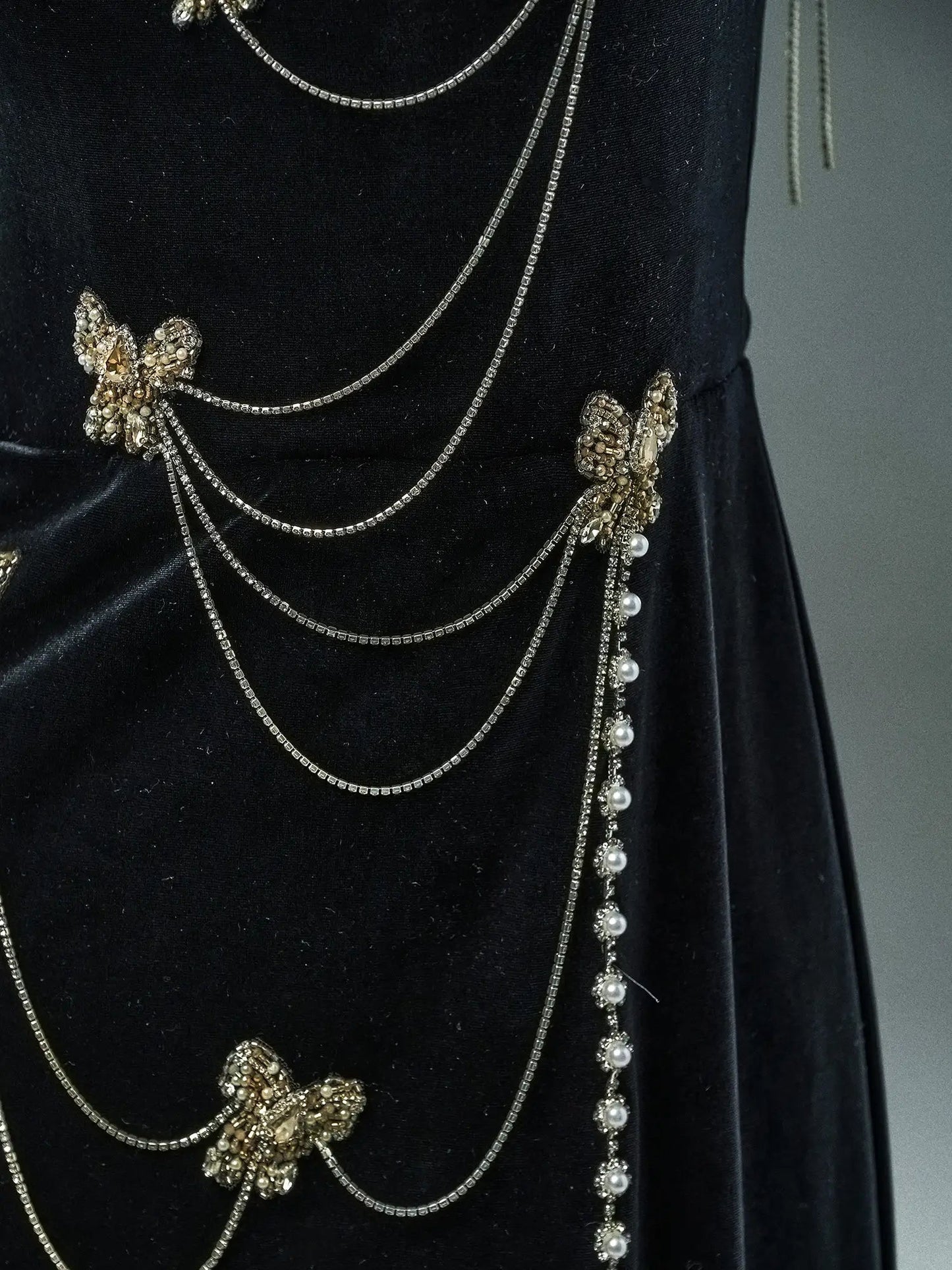 Black Velvet Sheath Evening Gown with Rhinestone String & Spaghetti Strap - CQ0108-Couture Gown 2025 -Viniodress-Black-Custom Size-